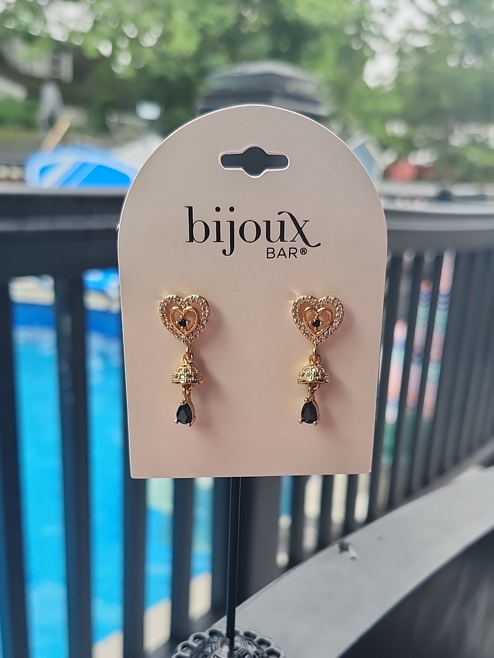 Bijoux Bar Gold Heart Drop Earrings with Black Accents